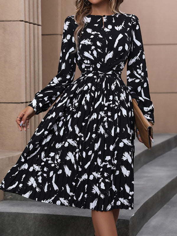 Abstract Print Long-Sleeved Dress with Keyhole Neckline Midi Dresses MyDresses 