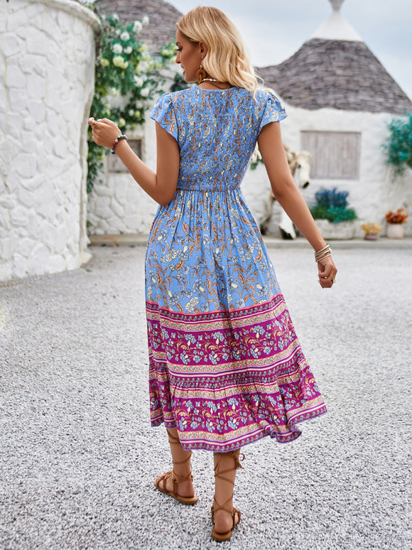 Bohemian Floral Print Midi Dress with V-Neck and Flying Sleeves Midi Dresses MyDresses 