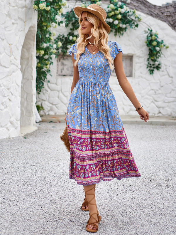 Bohemian Floral Print Midi Dress with V-Neck and Flying Sleeves Midi Dresses MyDresses Blue 8 | S 