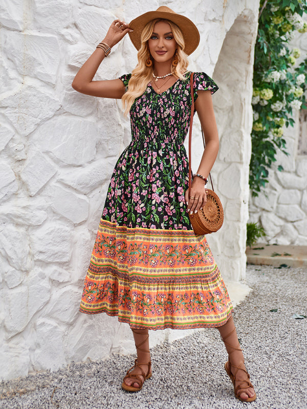 Bohemian Floral Print Midi Dress with V-Neck and Flying Sleeves Midi Dresses MyDresses 