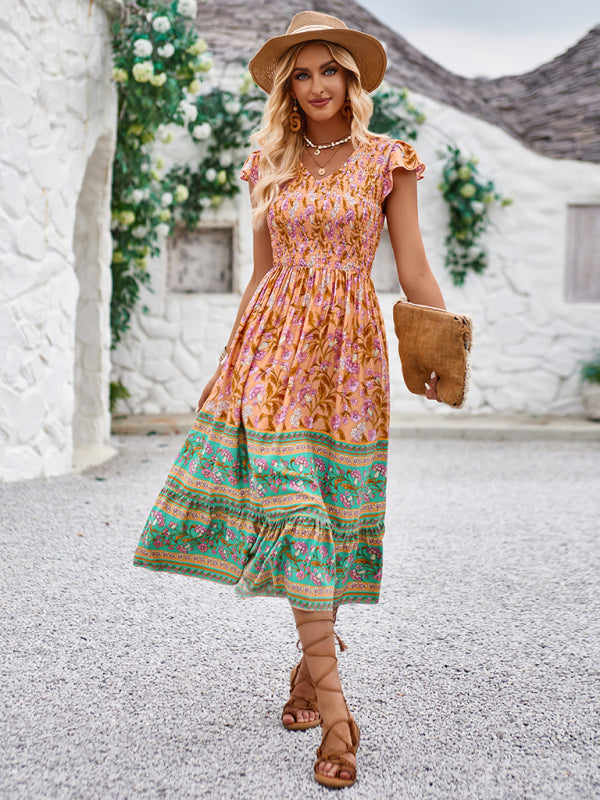 Bohemian Floral Print Midi Dress with V-Neck and Flying Sleeves Midi Dresses MyDresses 