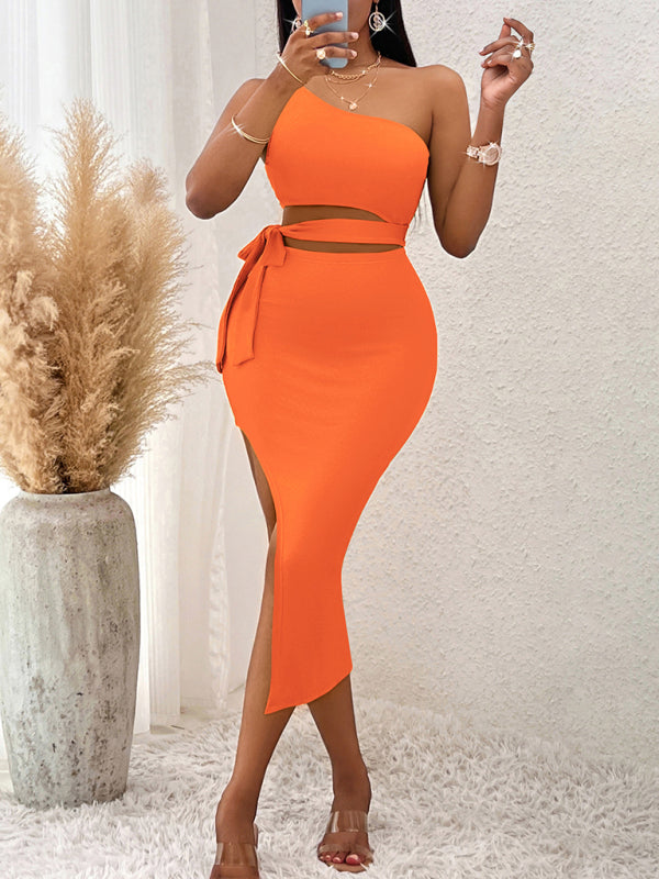 One-Shoulder Knitted Midi Dress with Tied Waist and High Slit Group3 MyDresses