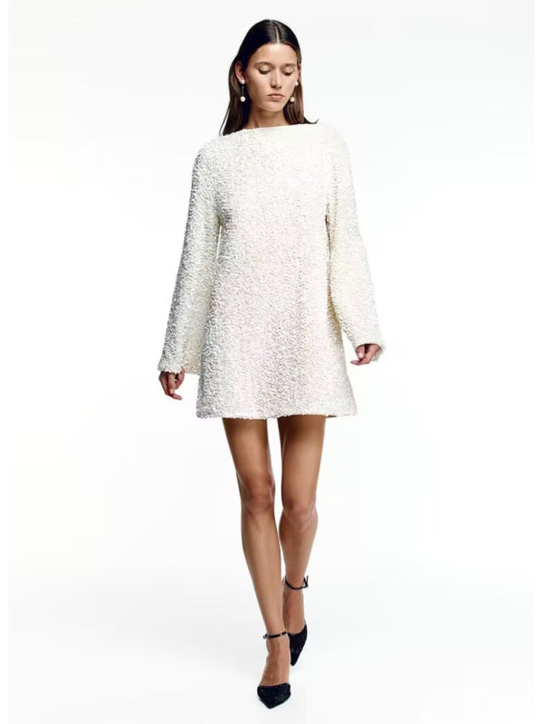 Sequin Mini Dress with Long Sleeves and Loose Fit Group1 MyDresses White 8 | S 