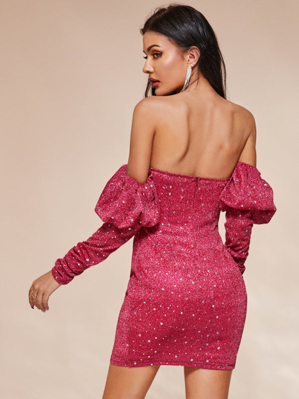 Starry Sky Print Mini Dress with Deep V-Neck and Puffed Sleeves Mini Dresses MyDresses 