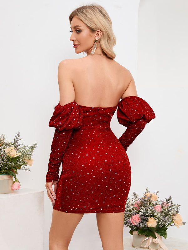 Starry Sky Print Mini Dress with Deep V-Neck and Puffed Sleeves Mini Dresses MyDresses 