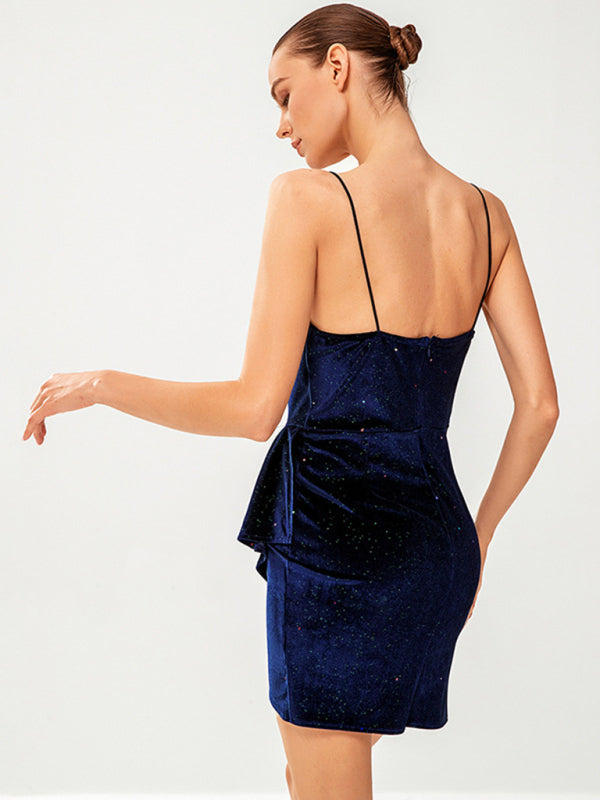 Velour Mini Dress with V-Neck and Ruched Draped Design Mini Dresses MyDresses 