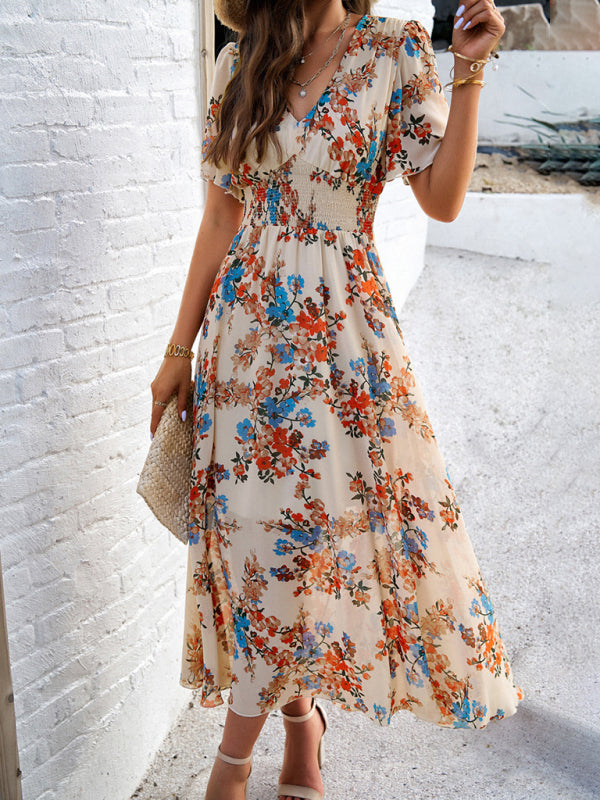 Floral Print Midi Dress with Waist-Cinching Smocked Design Midi Dresses MyDresses 
