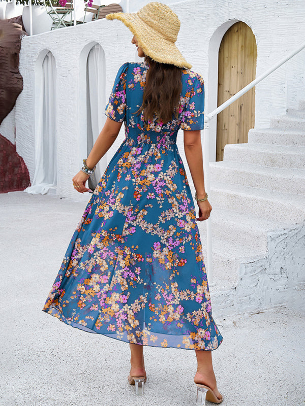 Floral Print Midi Dress with Waist-Cinching Smocked Design Midi Dresses MyDresses 