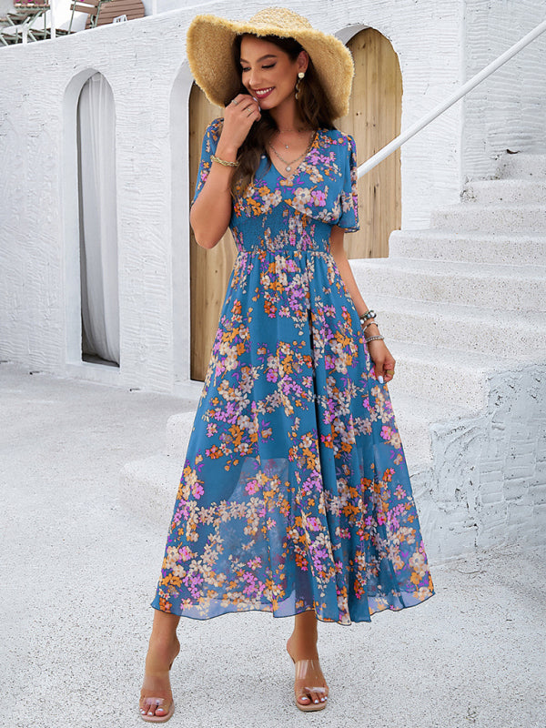 Floral Print Midi Dress with Waist-Cinching Smocked Design Midi Dresses MyDresses 