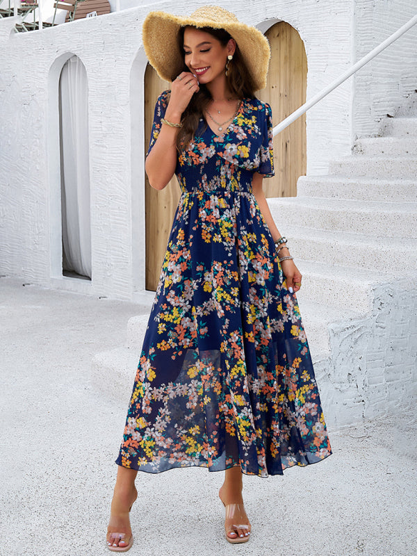 Floral Print Midi Dress with Waist-Cinching Smocked Design Midi Dresses MyDresses 