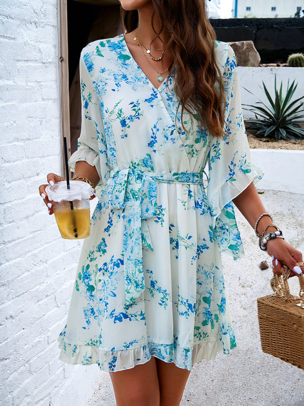 Floral Print Mini Dress with V-Neck and Flutter Sleeves Mini Dresses MyDresses 