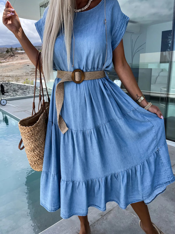 Waisted Midi Dress with Tiered Skirt and Round Neck Group6 MyDresses Blue 8 | S