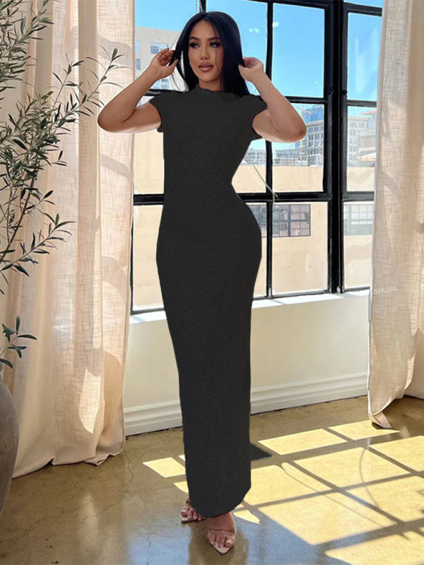 Slim Fit Long Dress with See-Through Textured Fabric Group6 MyDresses Black 8 | S