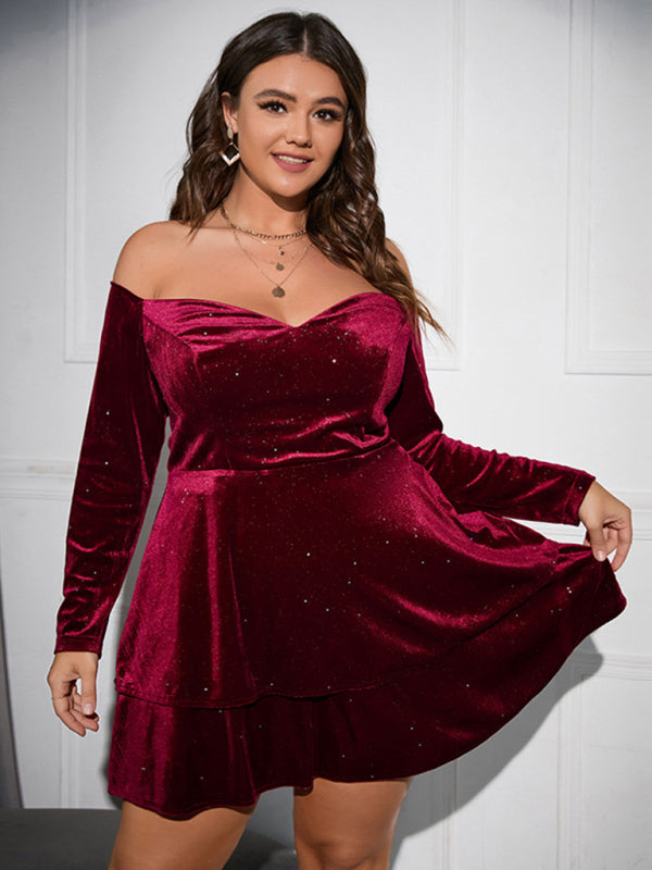 Off-Shoulder Velvet Mini Dress with Layered Skirt Mini Dresses MyDresses 