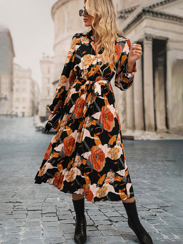 Floral Print Pleated Midi Dress with Tie Waist Midi Dresses MyDresses Orange 8 | S 