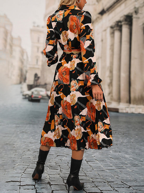 Floral Print Pleated Midi Dress with Tie Waist Midi Dresses MyDresses 