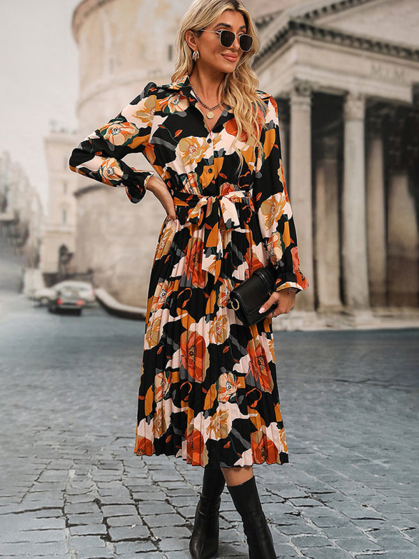 Floral Print Pleated Midi Dress with Tie Waist Midi Dresses MyDresses 