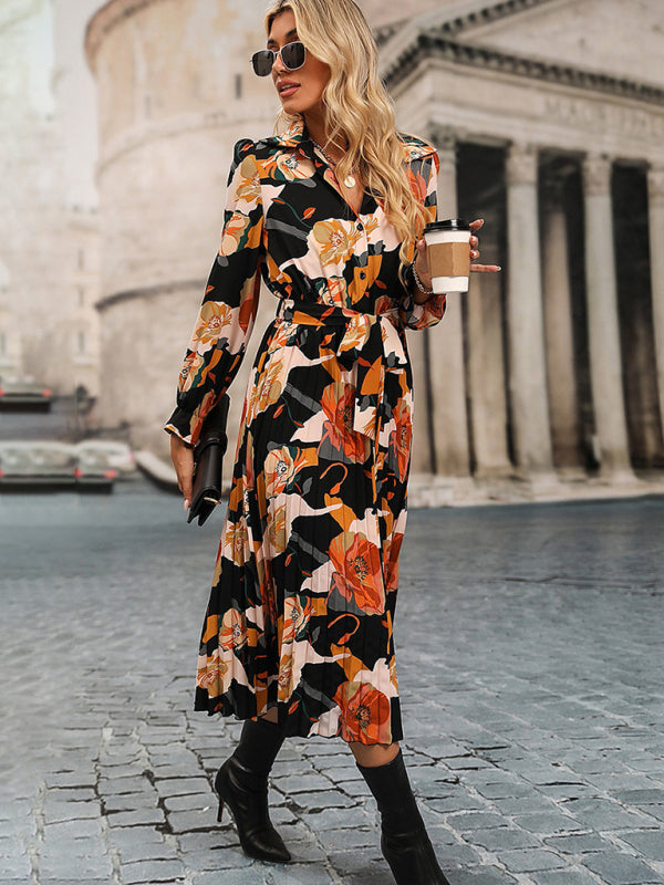 Floral Print Pleated Midi Dress with Tie Waist Midi Dresses MyDresses 