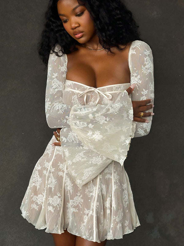 Lace Mini Dress with Floral Print and Corset Bodice Mini Dresses MyDresses 