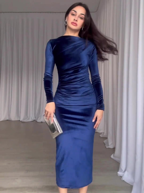 Slim Fit Midi Dress with Pleated Design and Long Sleeves Midi Dresses MyDresses Blue 8 | S 