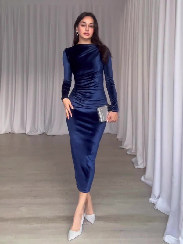 Slim Fit Midi Dress with Pleated Design and Long Sleeves Midi Dresses MyDresses 