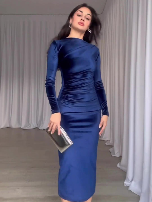 Slim Fit Midi Dress with Pleated Design and Long Sleeves Midi Dresses MyDresses 