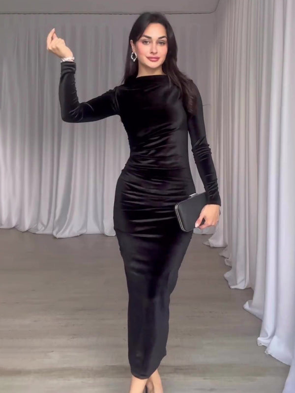 Slim Fit Midi Dress with Pleated Design and Long Sleeves Midi Dresses MyDresses Black 8 | S 