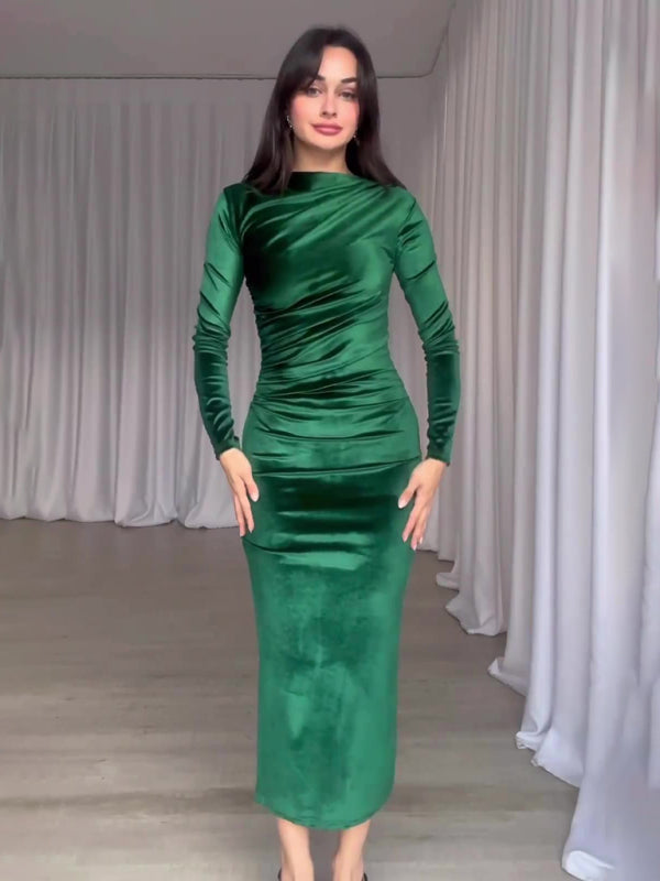 Slim Fit Midi Dress with Pleated Design and Long Sleeves Midi Dresses MyDresses Green 8 | S 
