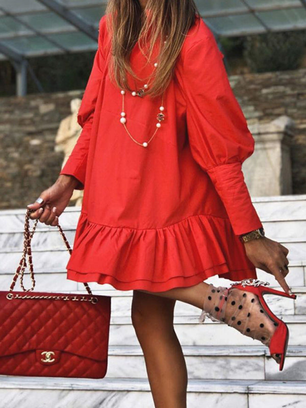 Loose Fit Dress with Ruffled Hem and Long Sleeves Group4 MyDresses Red 8 | S