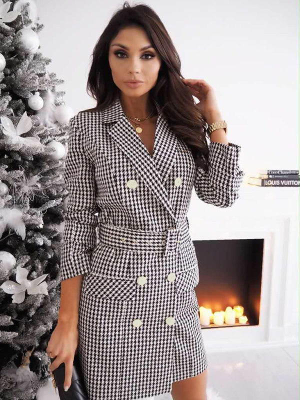 Plaid Double-Breasted Suit Dress with Belted Waist Group2 MyDresses Black 8 | S
