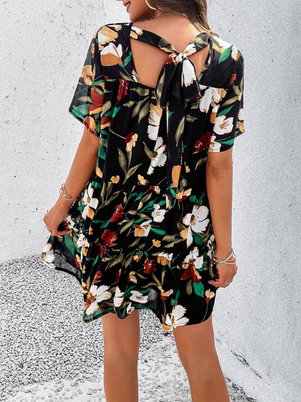 Floral Print Casual Dress with Tiered Skirt and Short Sleeves Mini Dresses MyDresses 