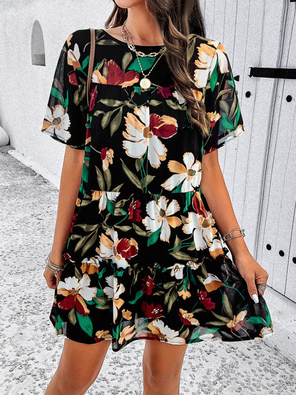 Floral Print Casual Dress with Tiered Skirt and Short Sleeves Mini Dresses MyDresses 