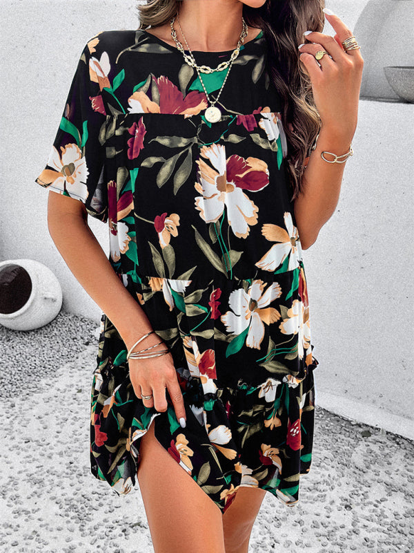 Floral Print Casual Dress with Tiered Skirt and Short Sleeves Mini Dresses MyDresses Black 8 | S 
