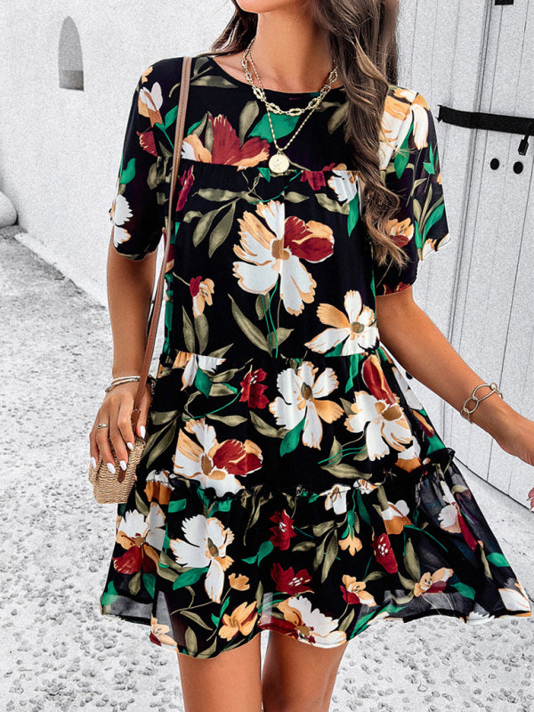 Floral Print Casual Dress with Tiered Skirt and Short Sleeves Mini Dresses MyDresses 