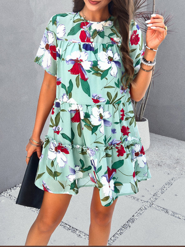Floral Print Casual Dress with Tiered Skirt and Short Sleeves Mini Dresses MyDresses 