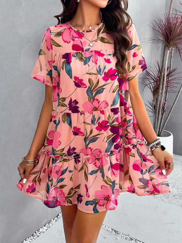 Floral Print Casual Dress with Tiered Skirt and Short Sleeves Mini Dresses MyDresses 