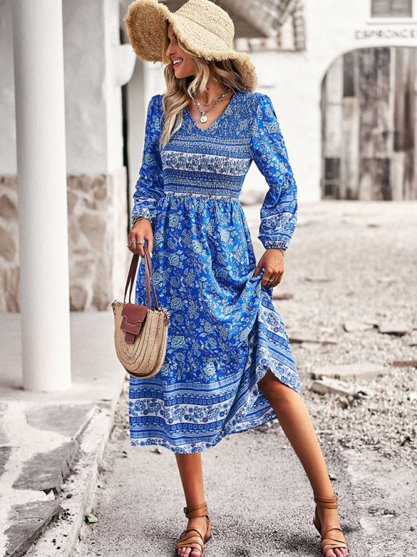 Bohemian Midi Dress with Floral Print and Smocked Bodice Midi Dresses MyDresses 