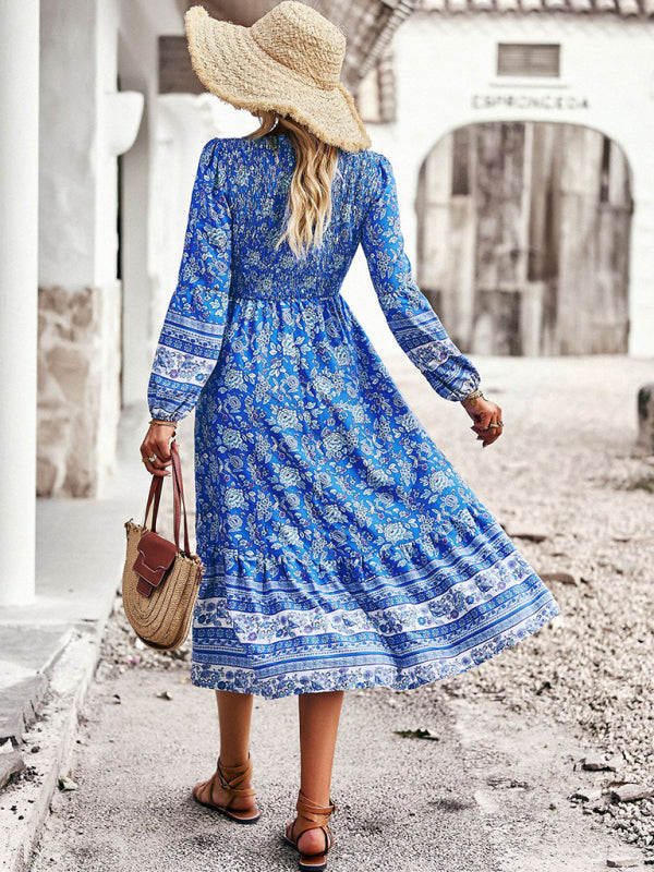 Bohemian Midi Dress with Floral Print and Smocked Bodice Midi Dresses MyDresses 