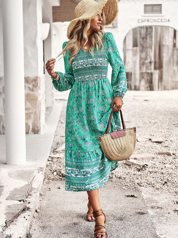 Bohemian Midi Dress with Floral Print and Smocked Bodice Midi Dresses MyDresses 