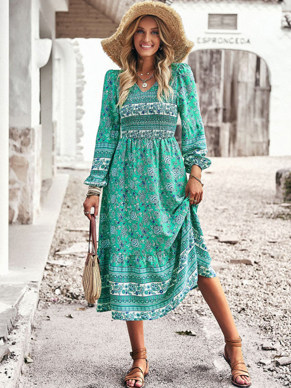 Bohemian Midi Dress with Floral Print and Smocked Bodice Midi Dresses MyDresses Green 8 | S 