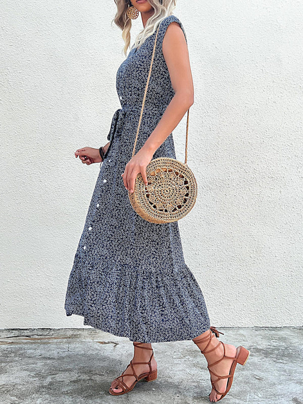 Floral Print Sleeveless Strappy Dress with Button-Down Front Midi Dresses MyDresses 