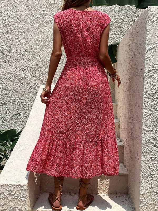 Floral Print Sleeveless Strappy Dress with Button-Down Front Midi Dresses MyDresses 