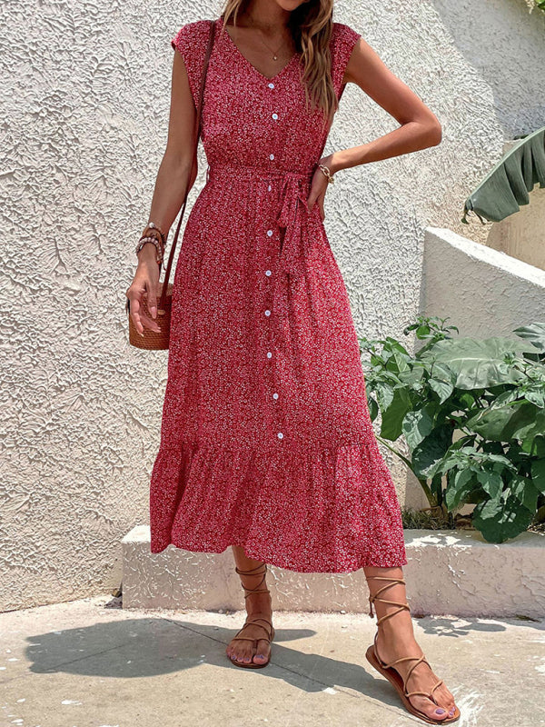 Floral Print Sleeveless Strappy Dress with Button-Down Front Midi Dresses MyDresses Red 8 | S 