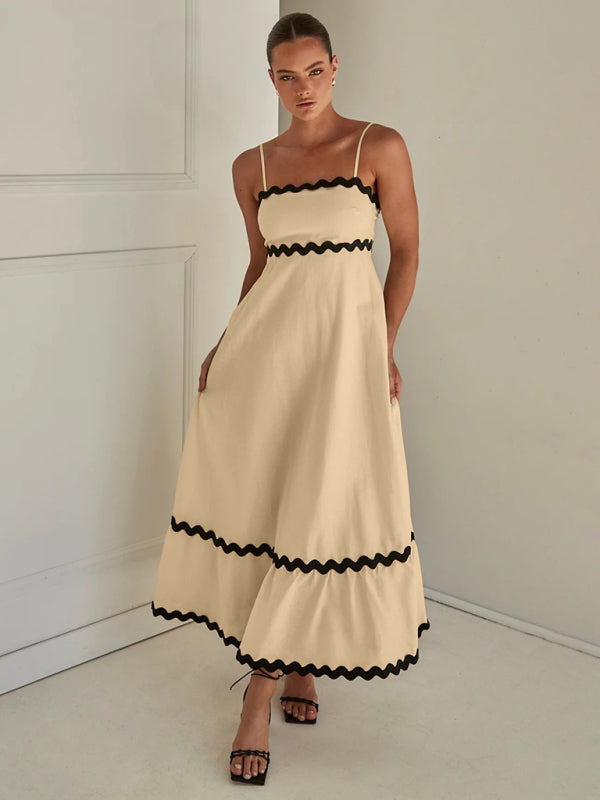Wavy Trim Maxi Dress with Spaghetti Straps and A-line Silhouette Maxi Dresses MyDresses Khaki 8 | S 