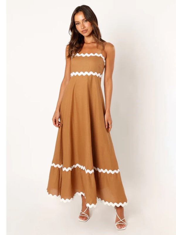 Wavy Trim Maxi Dress with Spaghetti Straps and A-line Silhouette Maxi Dresses MyDresses Brown 8 | S 