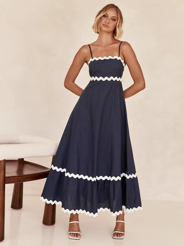 Wavy Trim Maxi Dress with Spaghetti Straps and A-line Silhouette Maxi Dresses MyDresses Navy 8 | S 