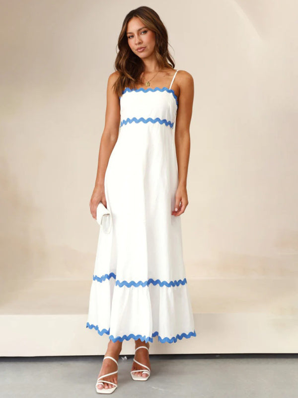 Wavy Trim Maxi Dress with Spaghetti Straps and A-line Silhouette Maxi Dresses MyDresses White / Blue 8 | S 