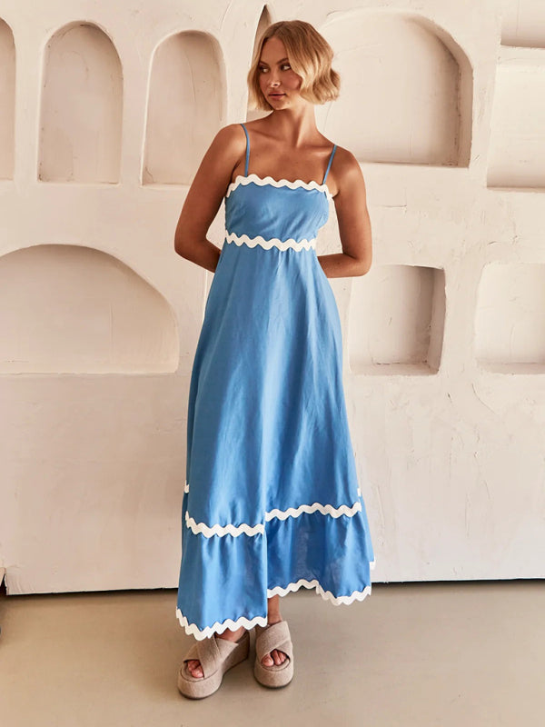 Wavy Trim Maxi Dress with Spaghetti Straps and A-line Silhouette Maxi Dresses MyDresses Acid blue 8 | S 