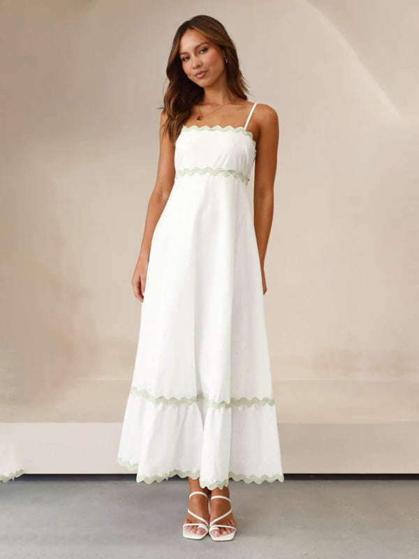 Wavy Trim Maxi Dress with Spaghetti Straps and A-line Silhouette Maxi Dresses MyDresses White 8 | S 