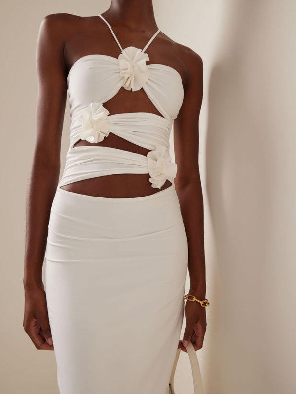 Halter Neck Long Bodycon Dress with Flower Embellishments and Cutouts Group4 MyDresses